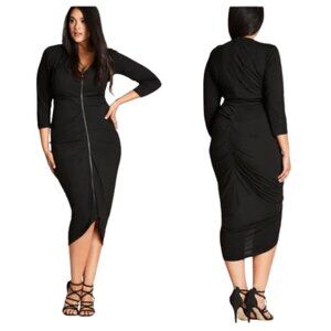 NWT City Chic Womens Plus Size 20W Black Full Zip Front Drapey Midi Dress NEW